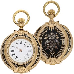 Rare gold, enamel form pocket watch with diamonds Circa 1880