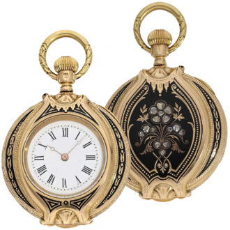Rare gold, enamel form pocket watch with diamonds Circa 1880