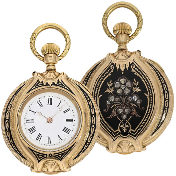 Rare gold, enamel form pocket watch with diamonds Circa 1880