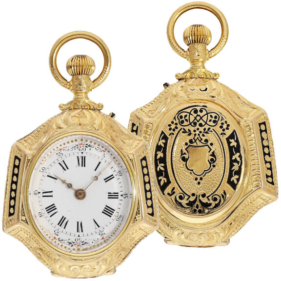 Small Swiss 18K gold, enamel form pendant watch Circa 1870