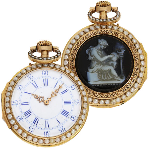 French pearl, agate cameo-set watch with chatelaine Circa 1880