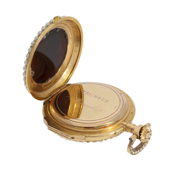 French pearl, agate cameo-set watch with chatelaine Circa 1880 French pearl, agate cameo-set watch with chatelaine Circa 1880