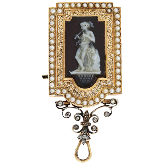 French pearl, agate cameo-set watch with chatelaine Circa 1880 French pearl, agate cameo-set watch with chatelaine Circa 1880