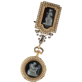 French pearl, agate cameo-set watch with chatelaine Circa 1880