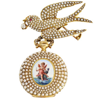 Swiss gold, enamel and pearl-set ladies' pendant watch Circa 1900