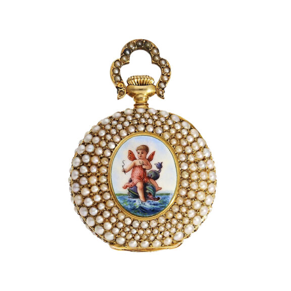 Swiss gold, enamel and pearl-set ladies' pendant watch Circa 1900 Swiss gold, enamel and pearl-set ladies' pendant watch Circa 1900