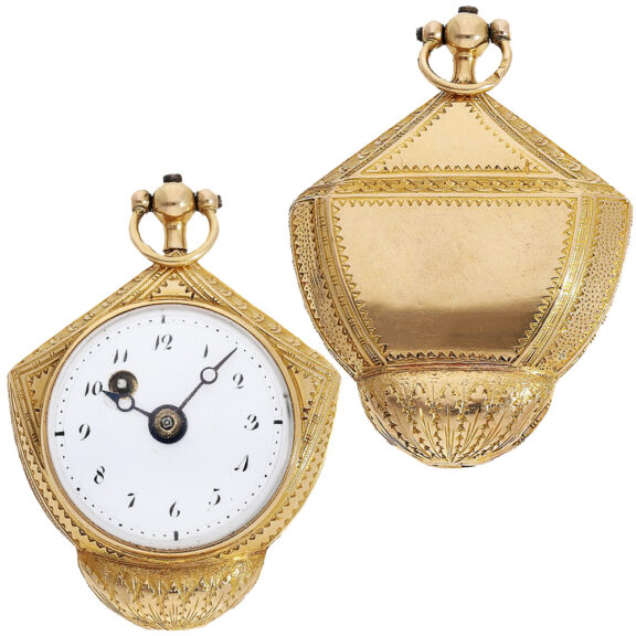 Rare 18K gold pendant watch in the shape of a shield Circa 1800