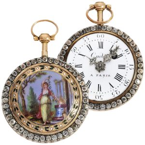 French 2-coloured gold verge with enamel painting Circa 1770