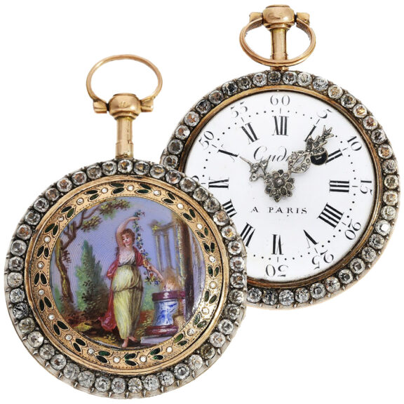 French 2-coloured gold verge with enamel painting Circa 1770