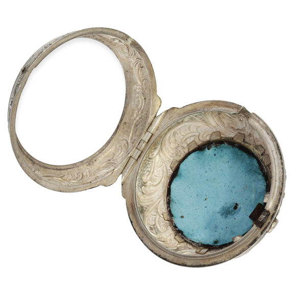 English repoussé date verge with enamel painting Circa 1766 English repoussé date verge with enamel painting Circa 1766