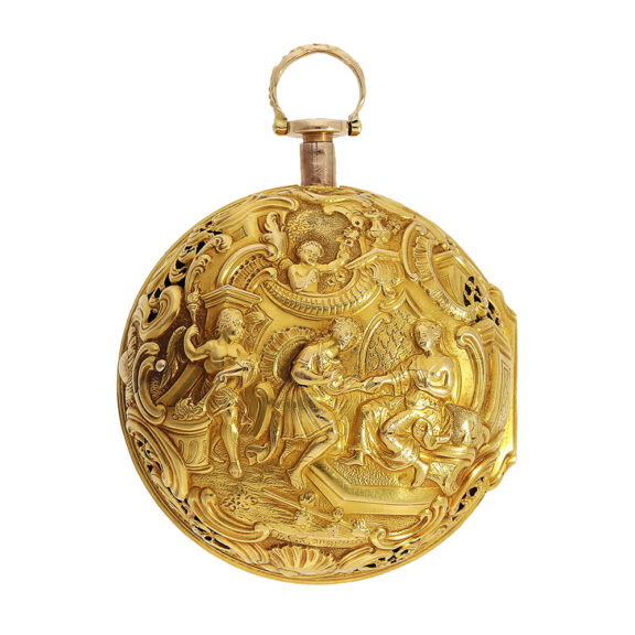 English gold repoussé pair-cased repeating watch Circa 1750 English gold repoussé pair-cased repeating watch Circa 1750