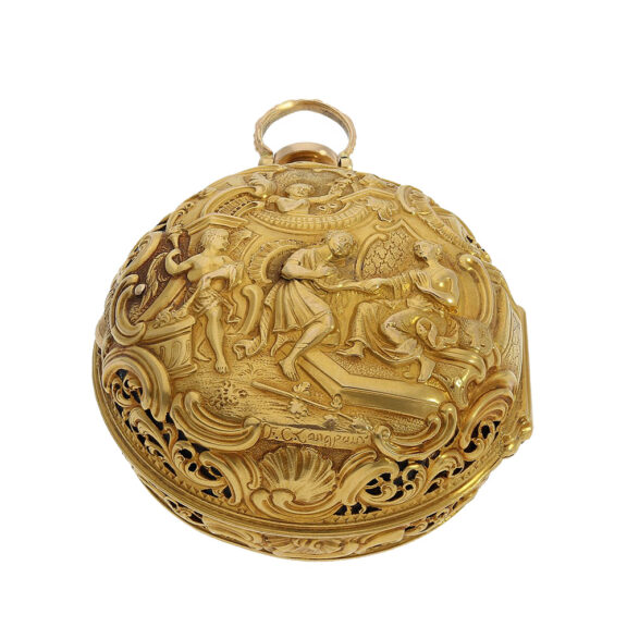 English gold repoussé pair-cased repeating watch Circa 1750 English gold repoussé pair-cased repeating watch Circa 1750