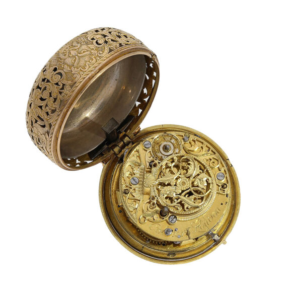 English gold repoussé pair-cased repeating watch Circa 1750 English gold repoussé pair-cased repeating watch Circa 1750