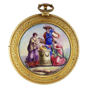 English complicated coach clock with enamel painting Circa 1790