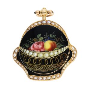 Swiss gold, enamel and pearl-set basket-form verge watch Circa 1800