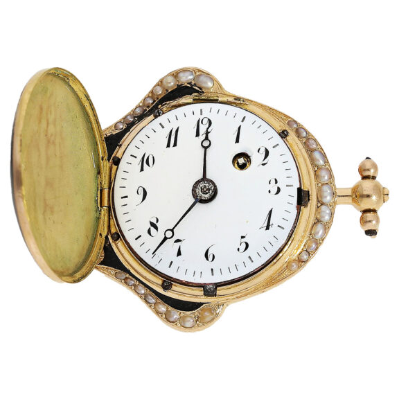 Swiss gold, enamel and pearl-set basket-form verge watch Circa 1800 Swiss gold, enamel and pearl-set basket-form verge watch Circa 1800