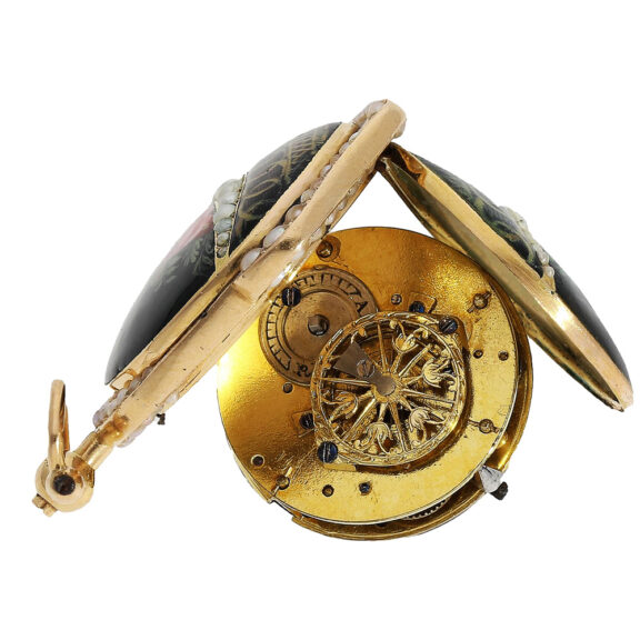 Swiss gold, enamel and pearl-set basket-form verge watch Circa 1800 Swiss gold, enamel and pearl-set basket-form verge watch Circa 1800