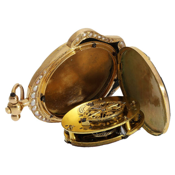 Swiss gold, enamel and pearl-set basket-form verge watch Circa 1800 Swiss gold, enamel and pearl-set basket-form verge watch Circa 1800