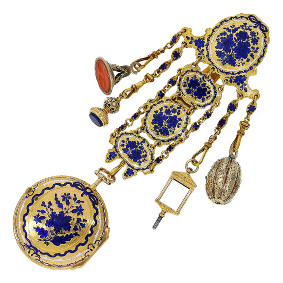 English 18K gold and enamel watch with chatelaine Circa 1750 English 18K gold and enamel watch with chatelaine Circa 1750