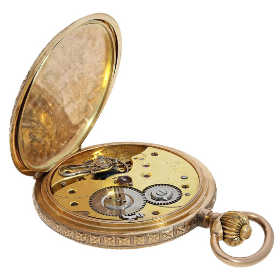 Swiss 14 carat rose gold hunting cased precision watch Circa 1900 Swiss 14 carat rose gold hunting cased precision watch Circa 1900