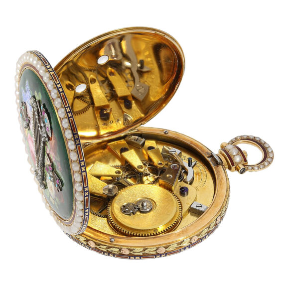 Swiss gold and enamel watch with visible balance Circa 1830 Swiss gold and enamel watch with visible balance Circa 1830