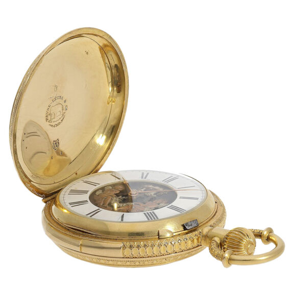 Swiss gold quarter repeating lever with automaton Circa 1880 Swiss gold quarter repeating lever with automaton Circa 1880