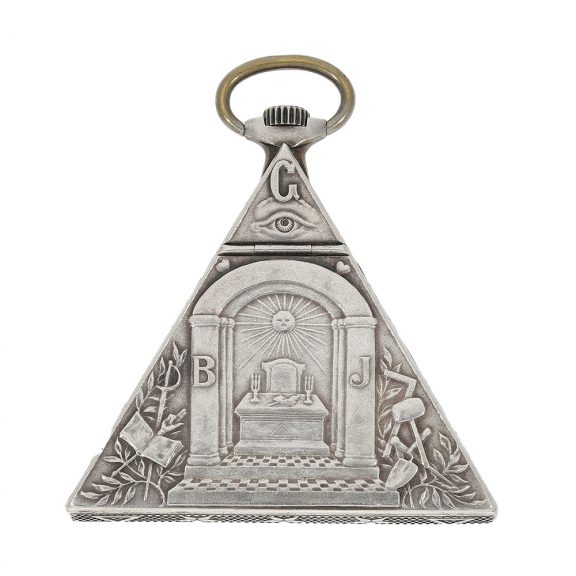 Swiss triangular form watch with Masonic motifs Circa 1935 Swiss triangular form watch with Masonic motifs Circa 1935
