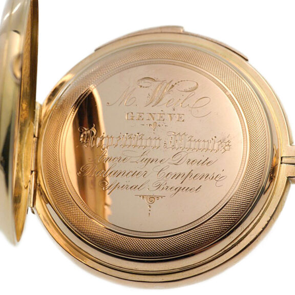 Swiss gold hunting cased five-minute repeating lever Circa 1900 Swiss gold hunting cased five-minute repeating lever Circa 1900
