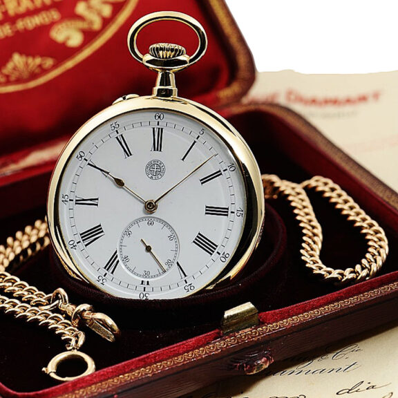 Swiss dress watch with gold chain, original box and certificate Circa 1890 Swiss dress watch with gold chain, original box and certificate Circa 1890