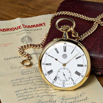Swiss dress watch with gold chain, original box and certificate Circa 1890
