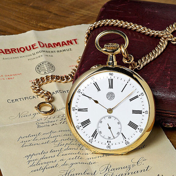 Swiss dress watch with gold chain, original box and certificate Circa 1890 Swiss dress watch with gold chain, original box and certificate Circa 1890