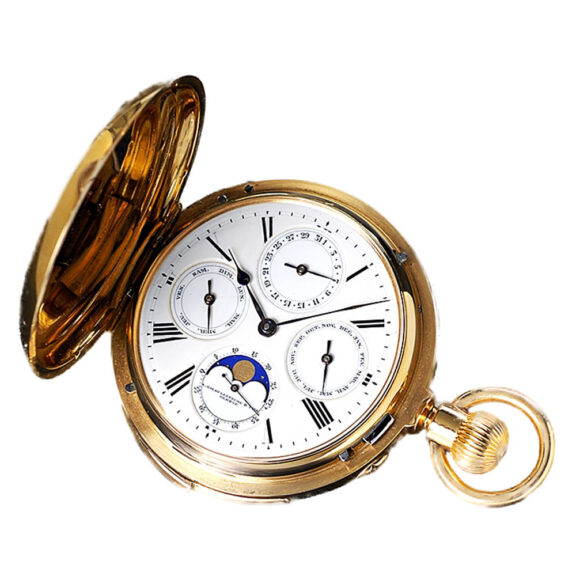 Swiss rose gold hunting cased complicated lever Circa 1890 Swiss rose gold hunting cased complicated lever Circa 1890