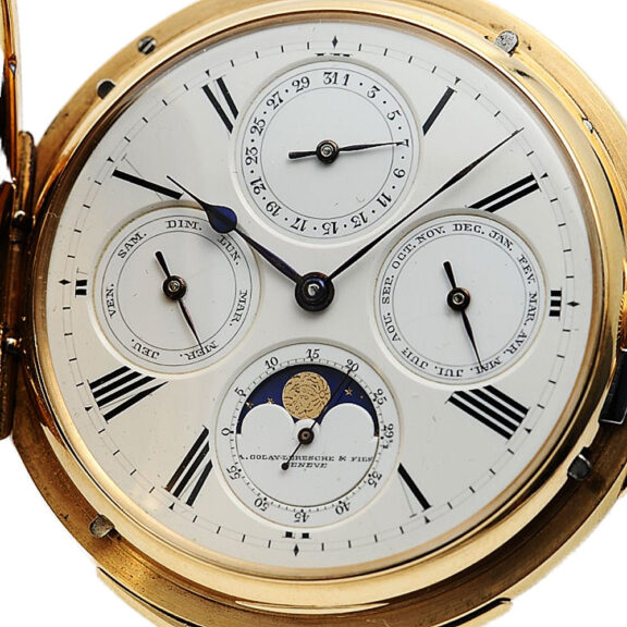 Swiss rose gold hunting cased complicated lever Circa 1890 Swiss rose gold hunting cased complicated lever Circa 1890