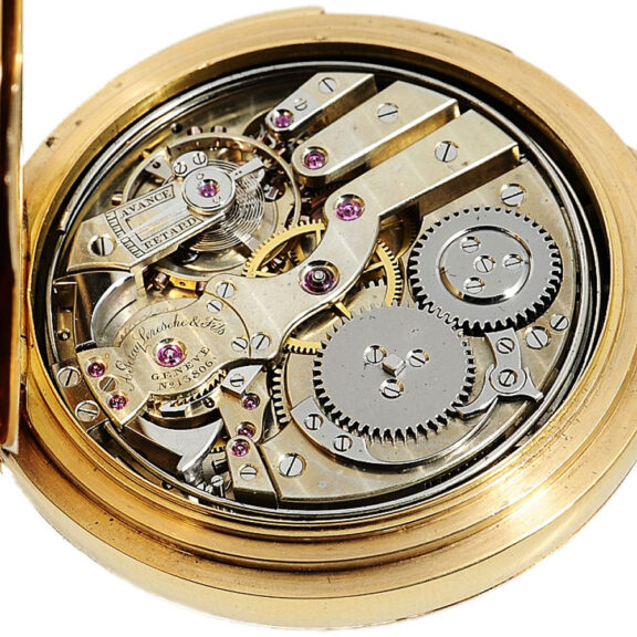 Swiss rose gold hunting cased complicated lever Circa 1890 Swiss rose gold hunting cased complicated lever Circa 1890