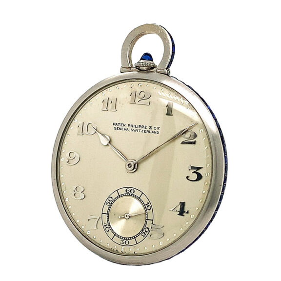 Flat Swiss pocket watch in a platinum sapphire-set case Circa 1926 Flat Swiss pocket watch in a platinum sapphire-set case Circa 1926