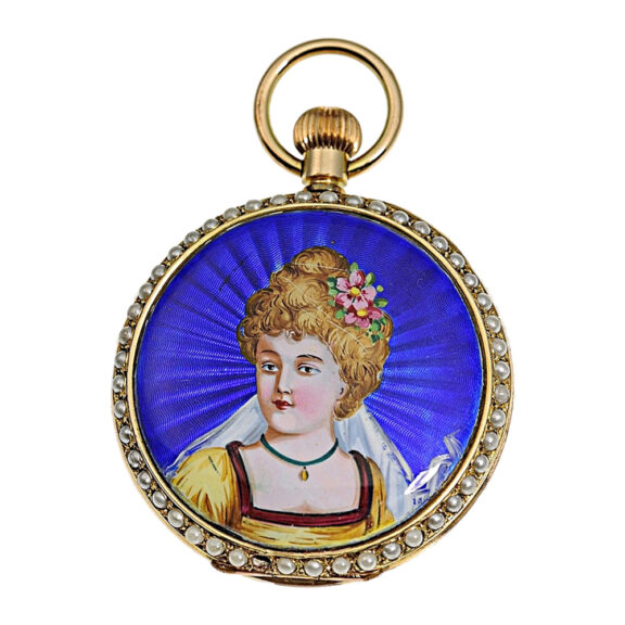 Swiss gilded silver, enamel and pearl set lever watch Circa 1890 Swiss gilded silver, enamel and pearl set lever watch Circa 1890