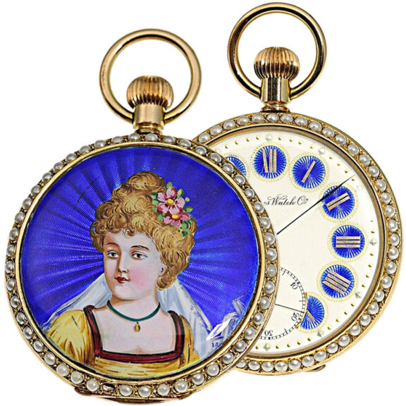 Swiss gilded silver, enamel and pearl set lever watch Circa 1890 Swiss gilded silver, enamel and pearl set lever watch Circa 1890