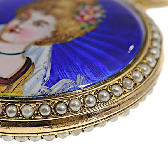 Swiss gilded silver, enamel and pearl set lever watch Circa 1890 Swiss gilded silver, enamel and pearl set lever watch Circa 1890