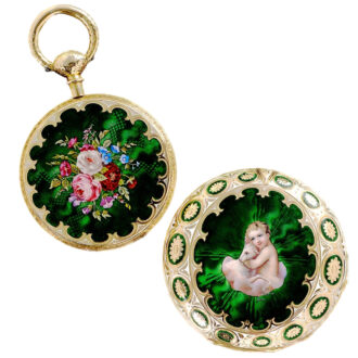 Swiss thin gold enamel cabriolet pocket watch circa 1850.