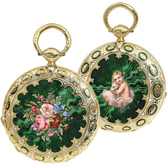 Swiss thin gold enamel cabriolet pocket watch circa 1850.