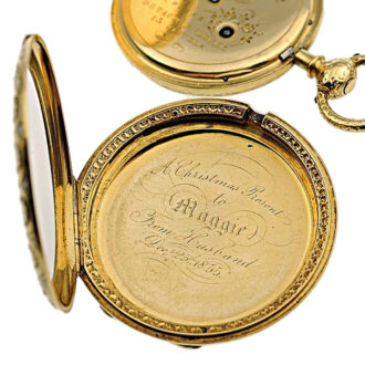 Swiss thin gold enamel cabriolet pocket watch circa 1850.