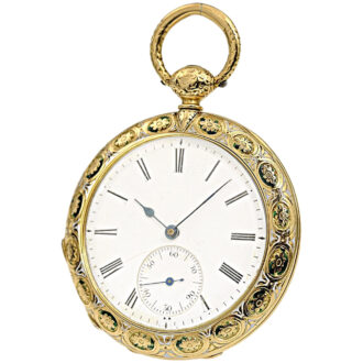 Swiss thin gold enamel cabriolet pocket watch circa 1850.