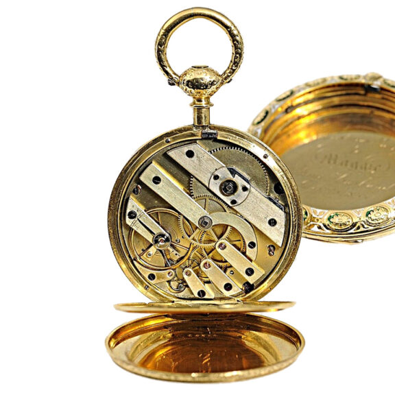 Swiss thin gold enamel cabriolet pocket watch circa 1850. Swiss thin gold enamel cabriolet pocket watch circa 1850.