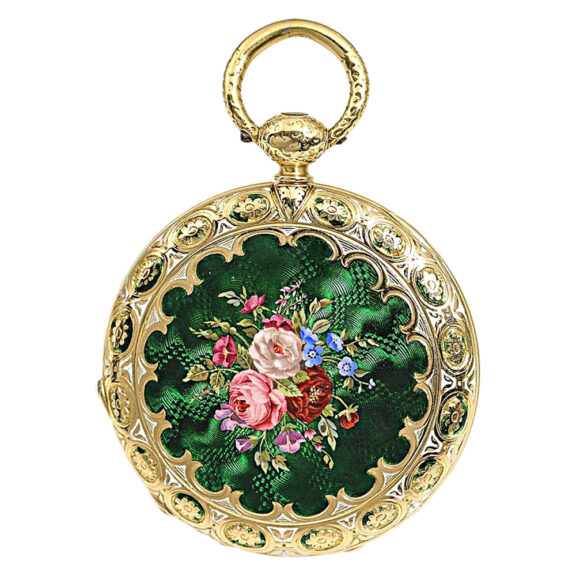 Swiss thin gold enamel cabriolet pocket watch circa 1850. Swiss thin gold enamel cabriolet pocket watch circa 1850.