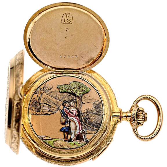 Swiss gold erotic repeating hunting cased watch Circa 1880