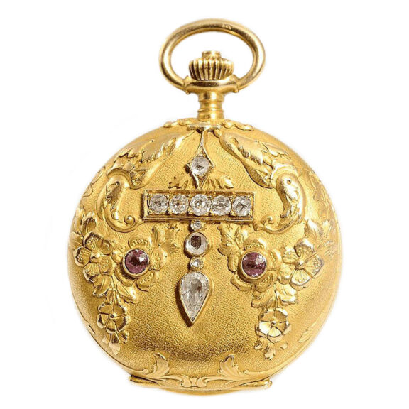 Swiss fob lady's watch set with diamonds and rubies Circa 1915
