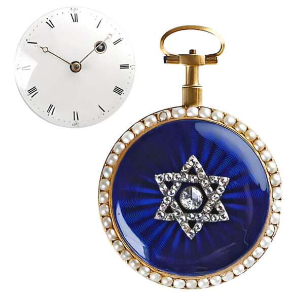 Swiss diamond and half pearl-set gold enamel watch Circa 1800 Swiss diamond and half pearl-set gold enamel watch Circa 1800