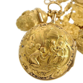 English gold repousée quarter repeating verge watch Circa 1750 English gold repousée quarter repeating verge watch Circa 1750