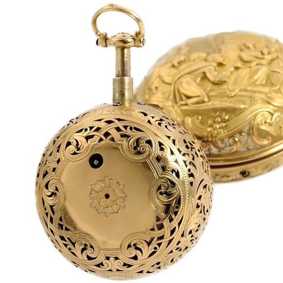 English gold repousée quarter repeating verge watch Circa 1750 English gold repousée quarter repeating verge watch Circa 1750