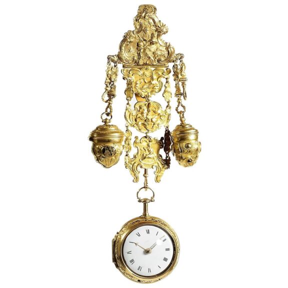 English gold repousée quarter repeating verge watch Circa 1750 English gold repousée quarter repeating verge watch Circa 1750